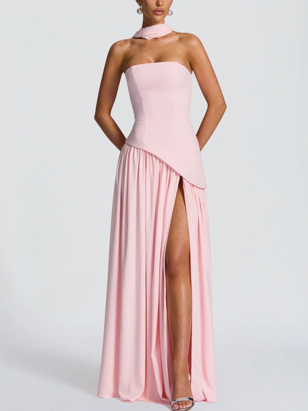 Strapless Blush Pink High-Slit Evening Dress